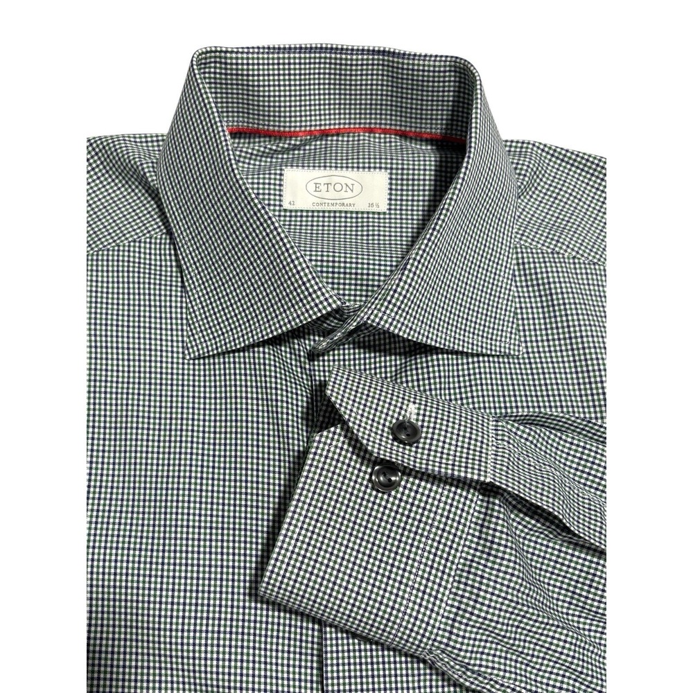 Eton Contemporary Dress Shirt Long Sleeve‎ Button Up Green White Purple 42 16.5